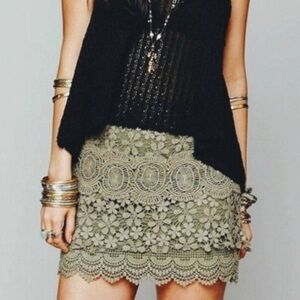 Free People Flower Field Mix Crochet Lace Green Floral Mini Skirt